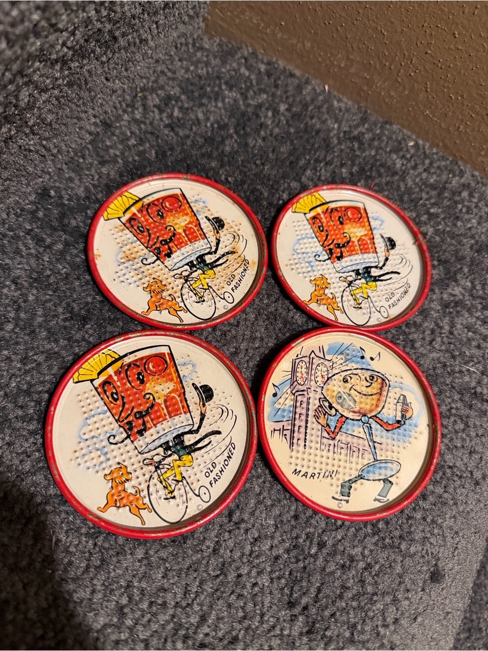 Art Deco Tin Litho Anthropomorphic Old Fashioned Cocktail Coaster Set